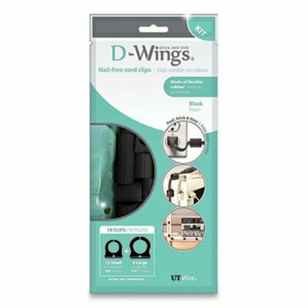 Rubbo International D-Wings Nail-Free Cord Clips, 12 Small 0.38in, Six Large 0.5in, Black, 18PK UTWD18BK